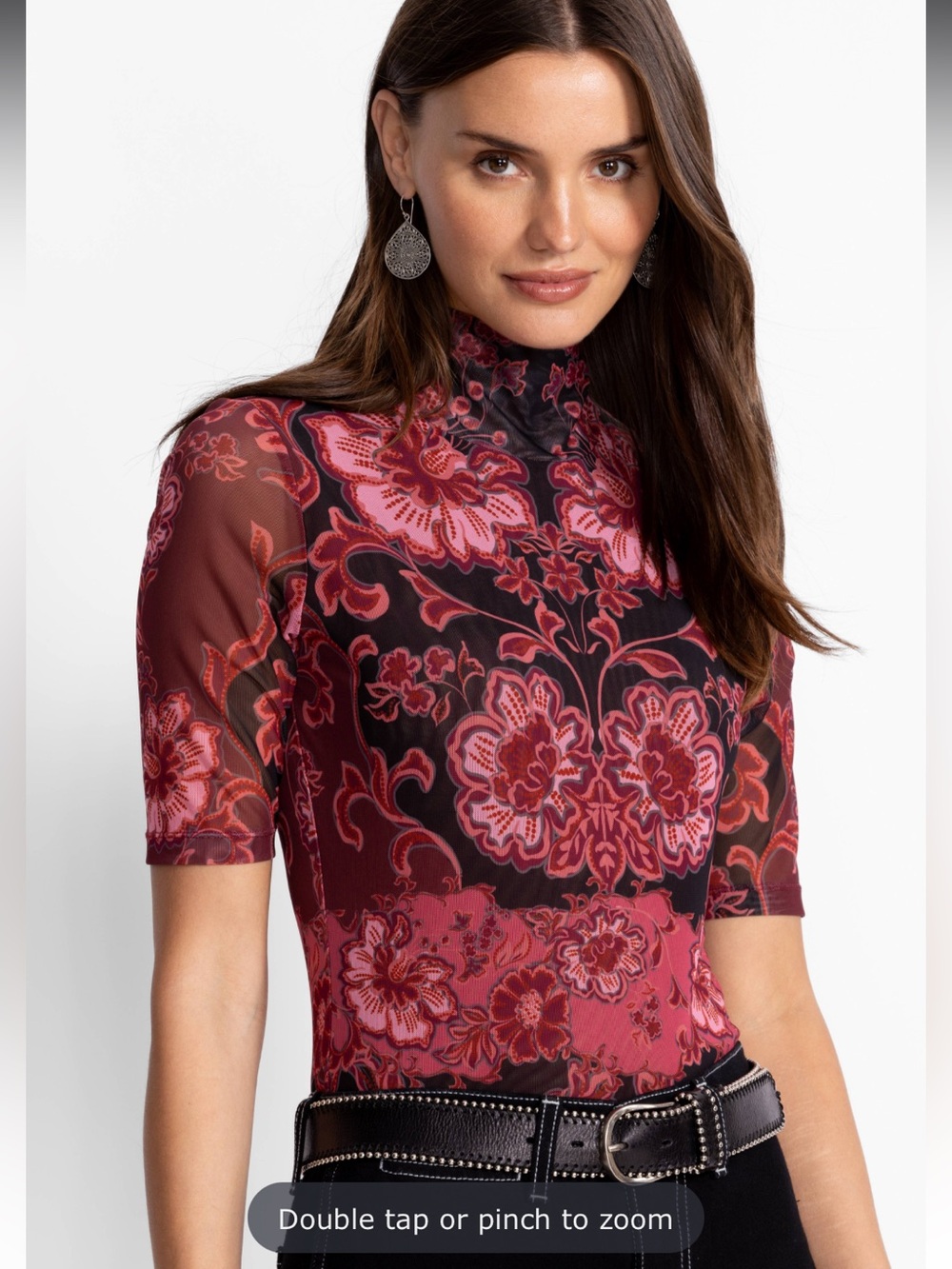 NWT Johnny Was Sheer Floral Mock-Neck Top shirt tee blouse new